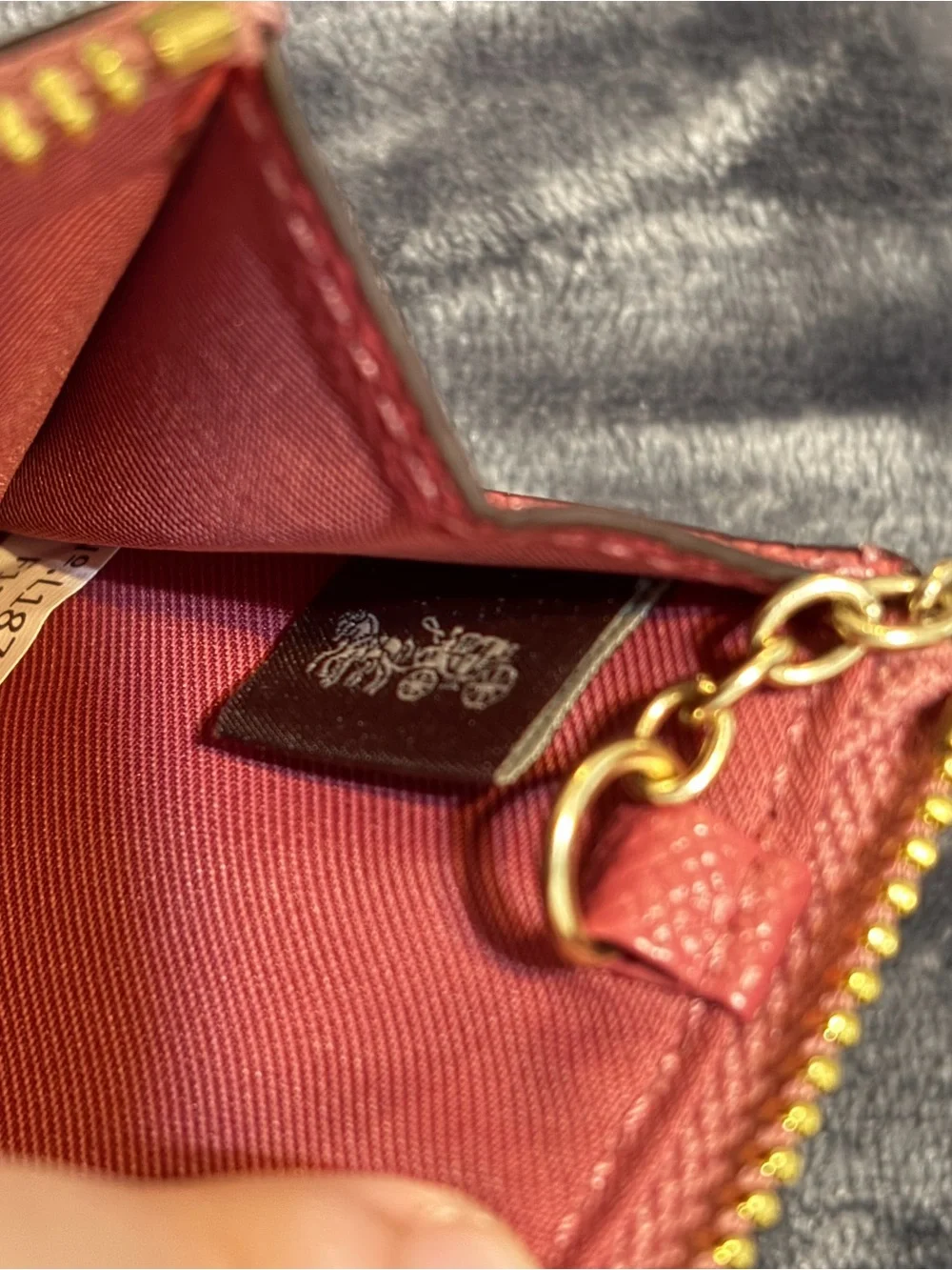 Coach Pebbled Leather Zip Card Case Keyring in Coral Pink with Gold Hardware